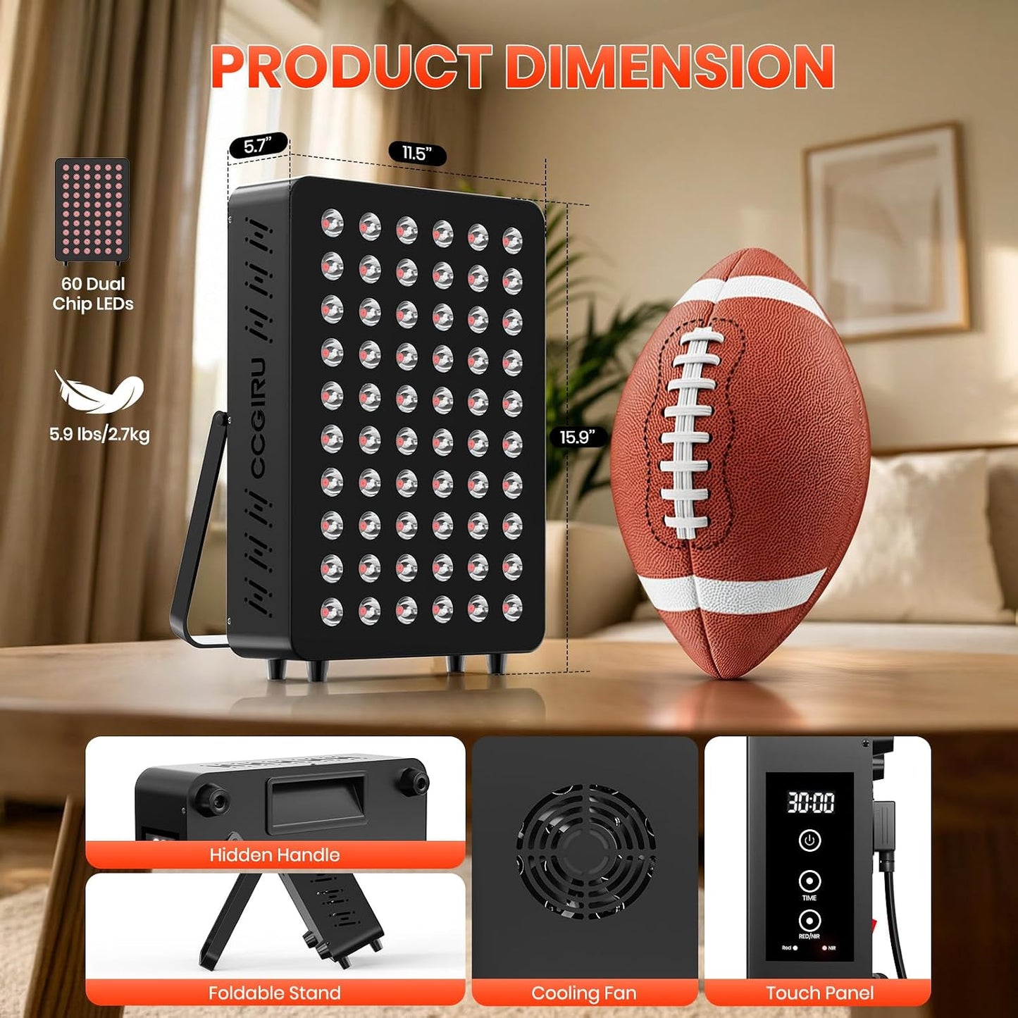Red Light Therapy Panel, 660Nm Red & 850Nm near Infrared Light Therapy Device for Body Face with 60 Dual Chip Leds, Timer, Adjustable Stand & Hidden Handle,Upgraded High Power Red Light Therapy Device